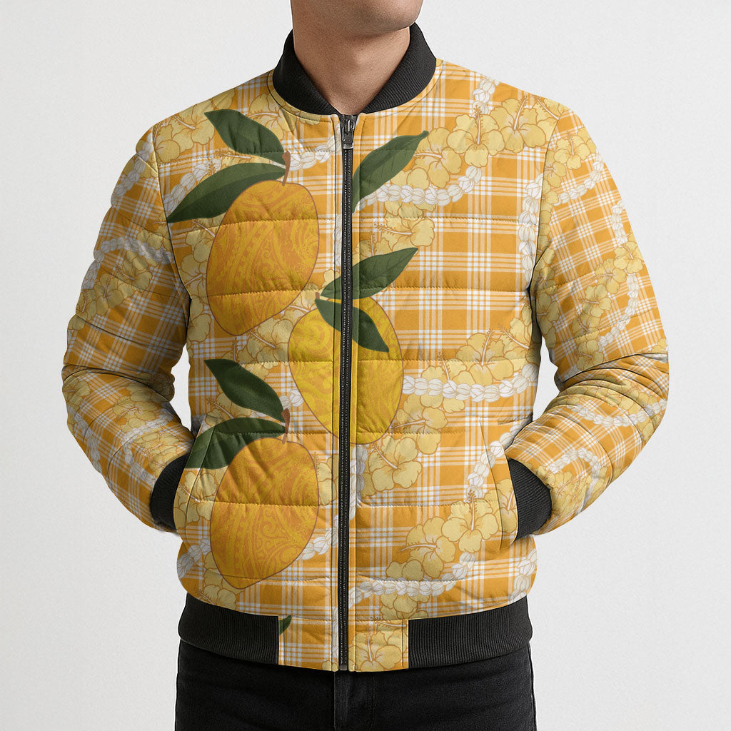Alani Hawaiian Mango Palaka Bomber Puffer Jacket Aloha Hibiscus Pikake Lei