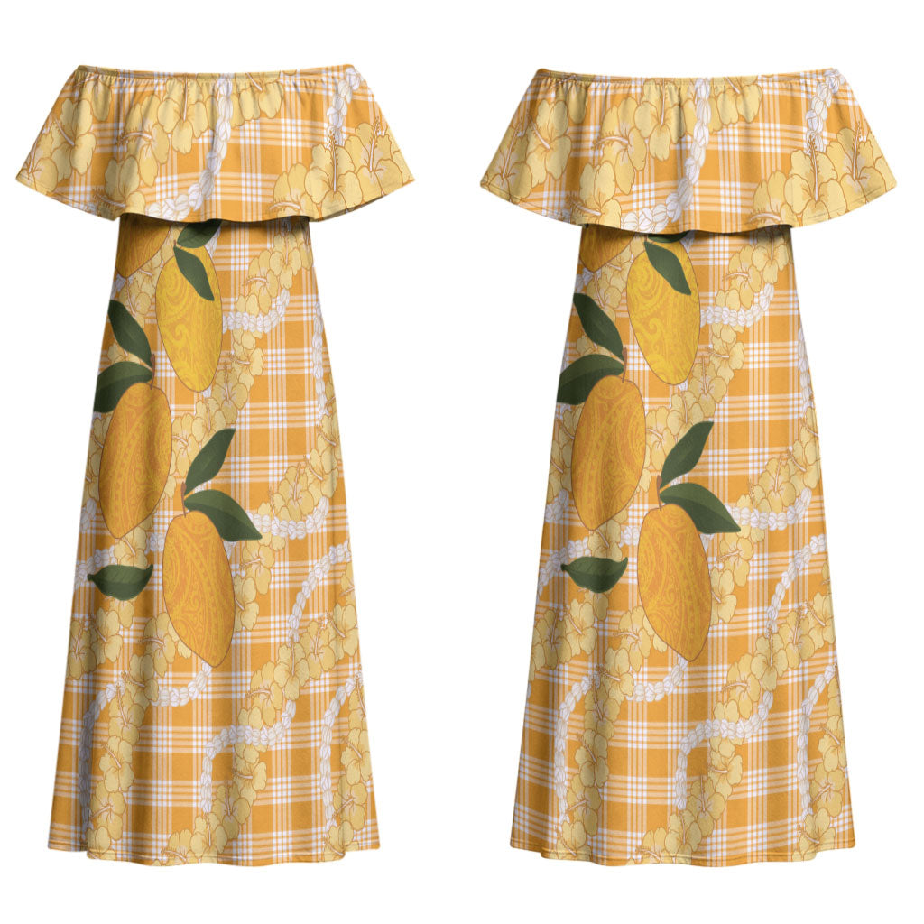 Alani Hawaiian Mango Palaka Couples Matching Off Shoulder Maxi Dress and Long Sleeve Button Shirt Aloha Hibiscus Pikake Lei
