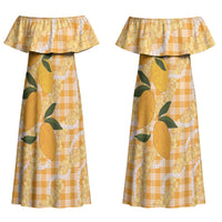 Alani Hawaiian Mango Palaka Couples Matching Off Shoulder Maxi Dress and Long Sleeve Button Shirt Aloha Hibiscus Pikake Lei