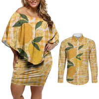 Alani Hawaiian Mango Palaka Couples Matching Off Shoulder Short Dress and Long Sleeve Button Shirt Aloha Hibiscus Pikake Lei