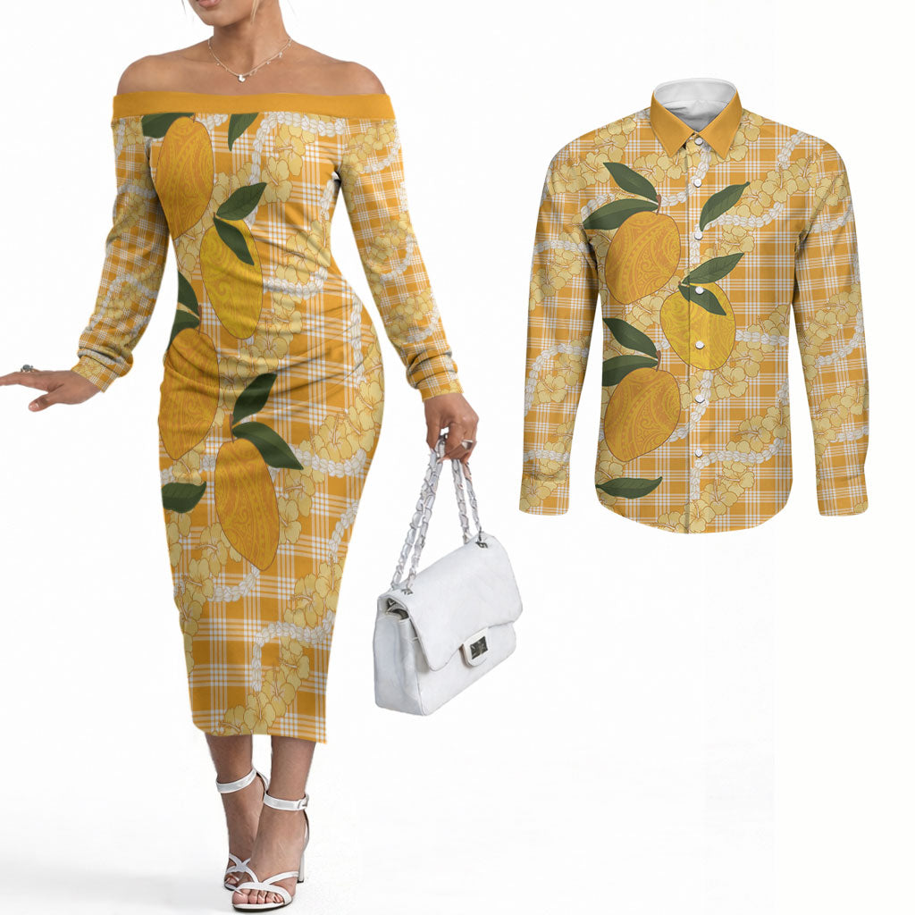 Alani Hawaiian Mango Palaka Couples Matching Off The Shoulder Long Sleeve Dress and Long Sleeve Button Shirt Aloha Hibiscus Pikake Lei