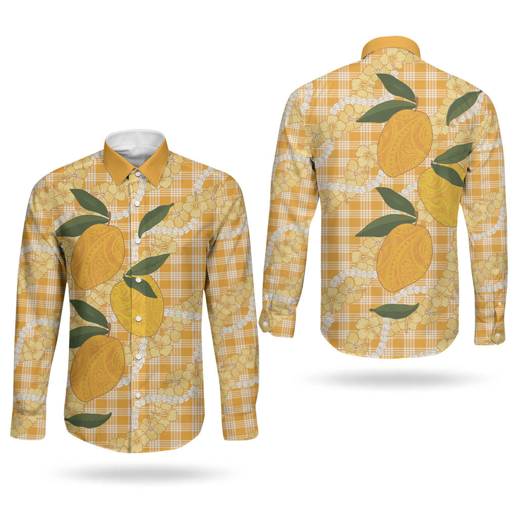 Alani Hawaiian Mango Palaka Couples Matching Puletasi and Long Sleeve Button Shirt Aloha Hibiscus Pikake Lei