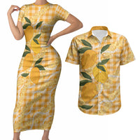 Alani Hawaiian Mango Palaka Couples Matching Short Sleeve Bodycon Dress and Hawaiian Shirt Aloha Hibiscus Pikake Lei