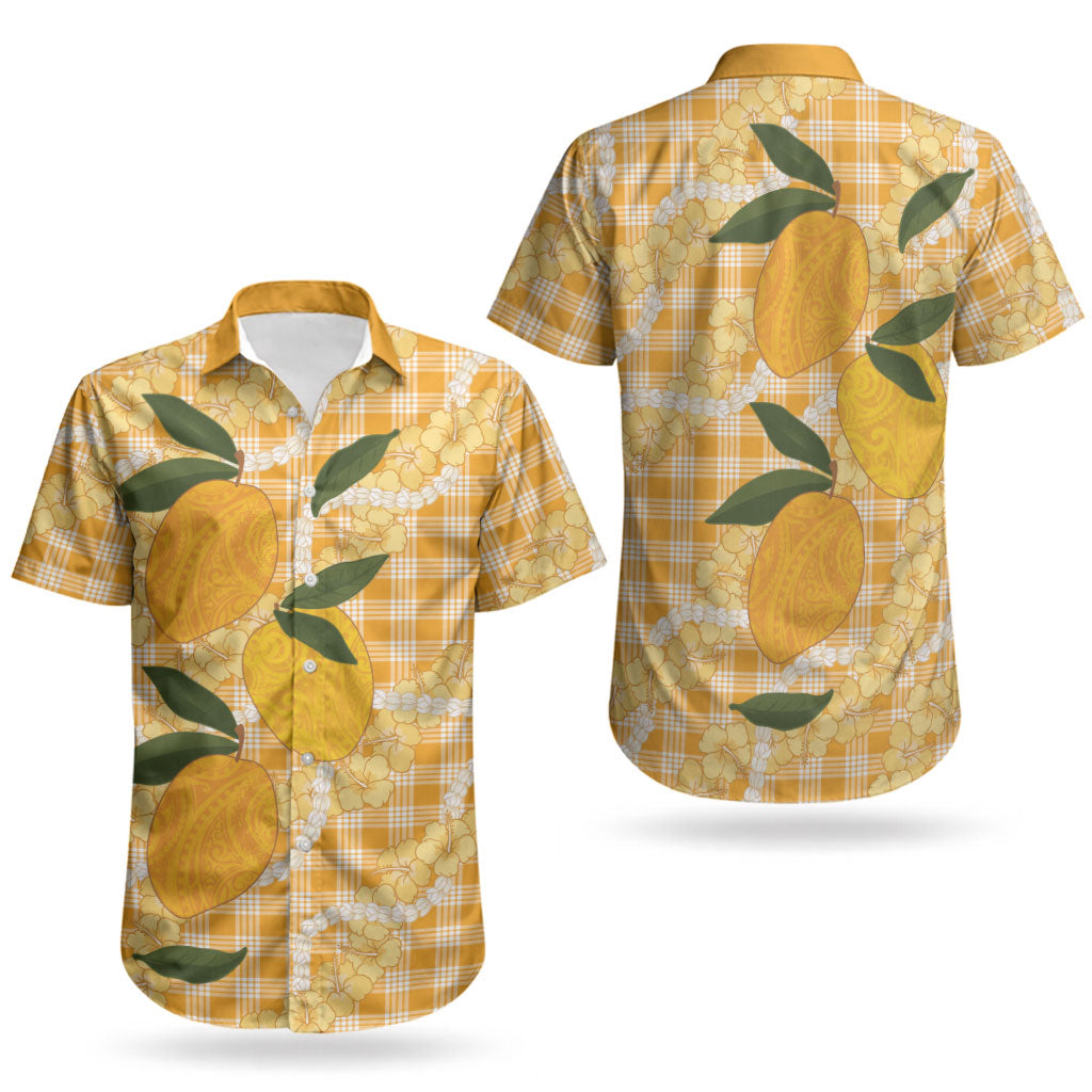 Alani Hawaiian Mango Palaka Couples Matching Short Sleeve Bodycon Dress and Hawaiian Shirt Aloha Hibiscus Pikake Lei