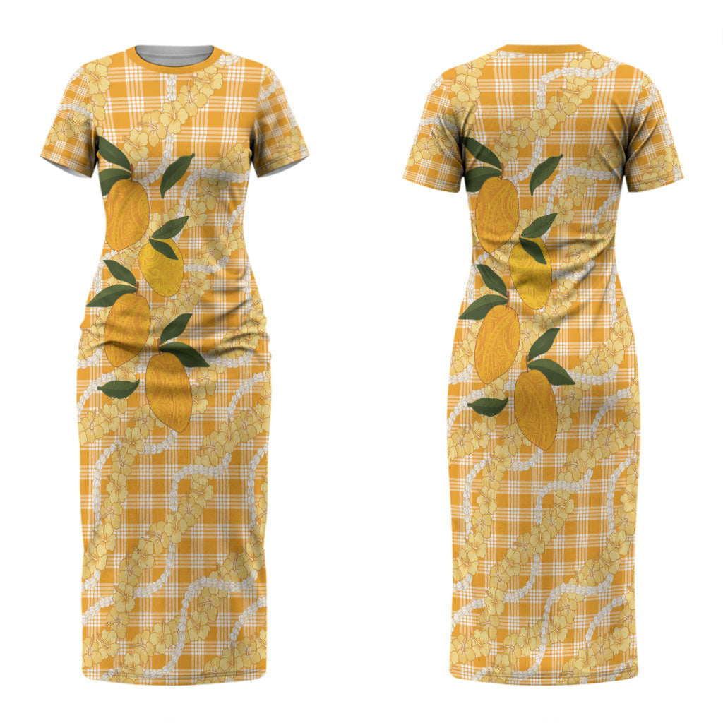 Alani Hawaiian Mango Palaka Couples Matching Short Sleeve Bodycon Dress and Hawaiian Shirt Aloha Hibiscus Pikake Lei