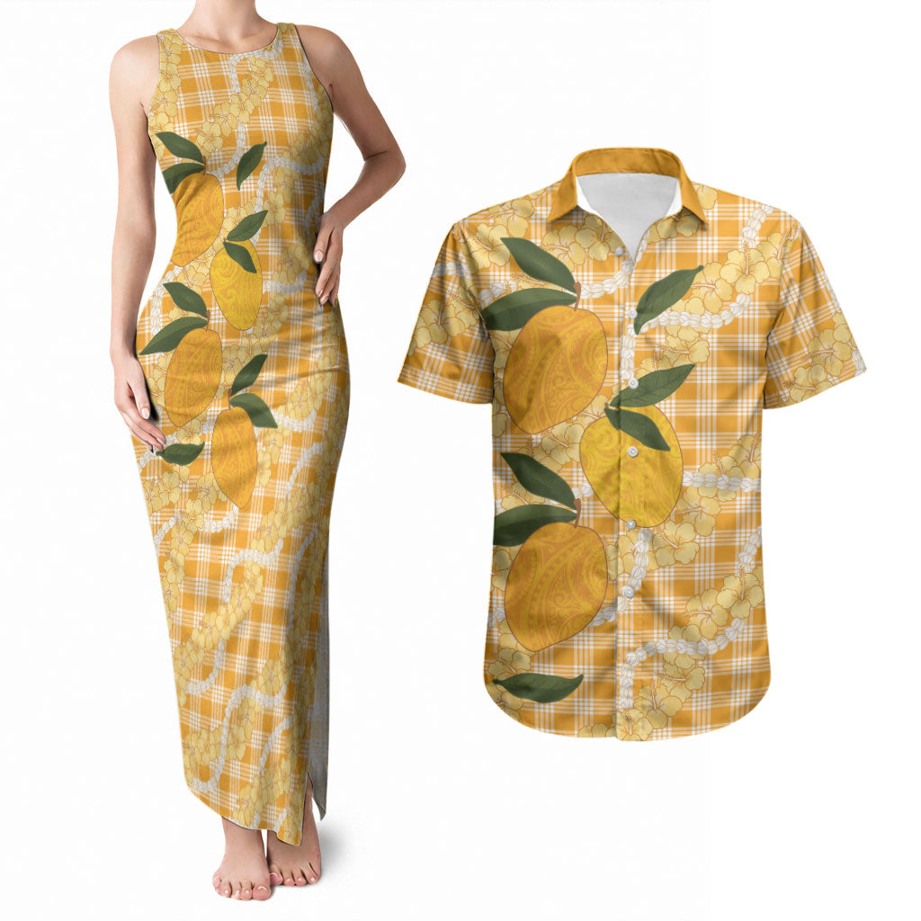 Alani Hawaiian Mango Palaka Couples Matching Tank Maxi Dress and Hawaiian Shirt Aloha Hibiscus Pikake Lei