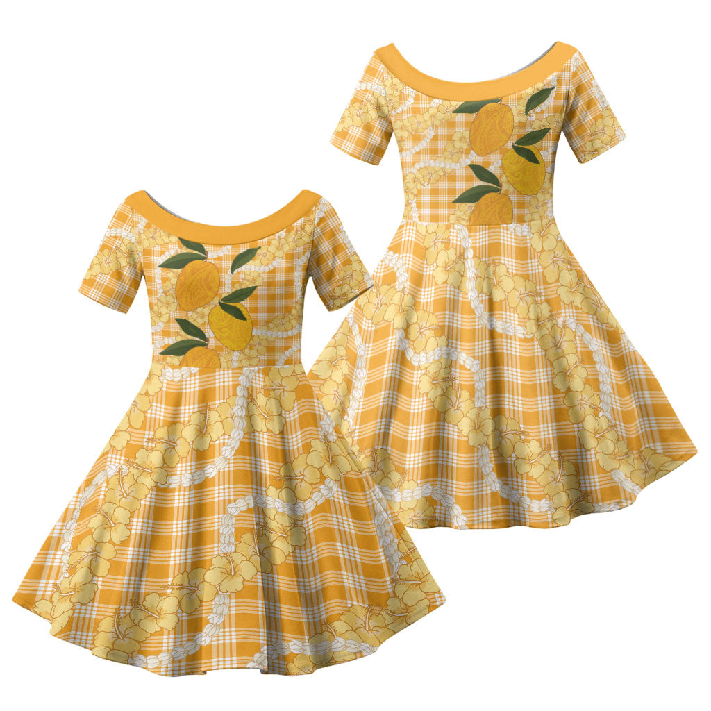 Alani Hawaiian Mango Palaka Family Matching Summer Maxi Dress and Hawaiian Shirt Aloha Hibiscus Pikake Lei
