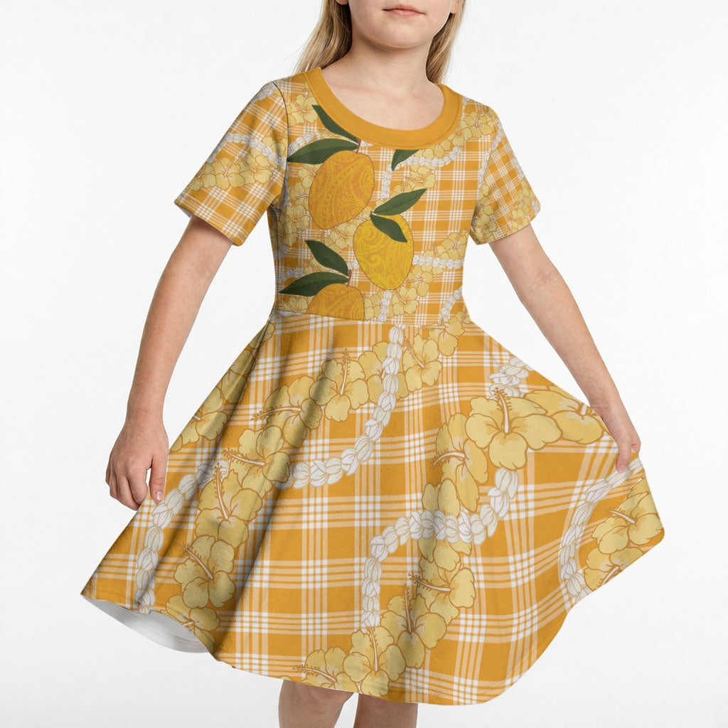 Alani Hawaiian Mango Palaka Kid Short Sleeve Dress Aloha Hibiscus Pikake Lei