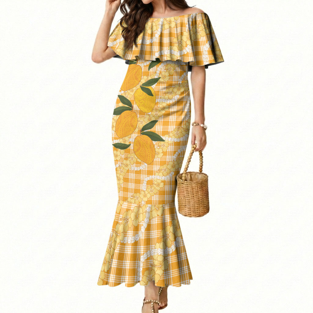 Alani Hawaiian Mango Palaka Mermaid Dress Aloha Hibiscus Pikake Lei