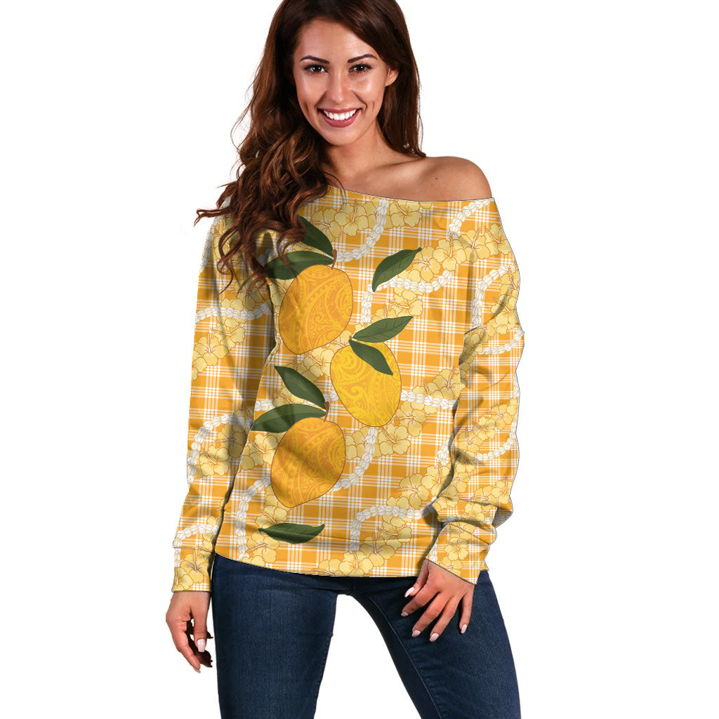 Alani Hawaiian Mango Palaka Off Shoulder Sweater Aloha Hibiscus Pikake Lei