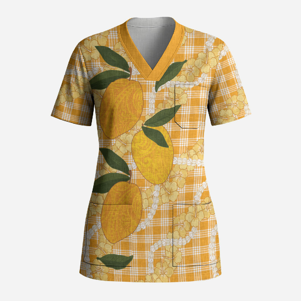 Alani Hawaiian Mango Palaka Scrub Top Aloha Hibiscus Pikake Lei