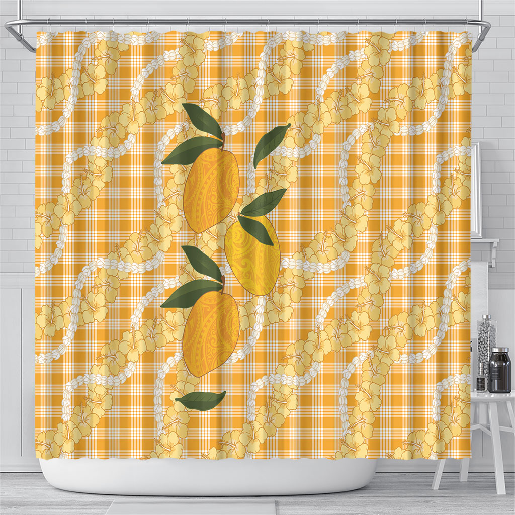 Alani Hawaiian Mango Palaka Shower Curtain Aloha Hibiscus Pikake Lei