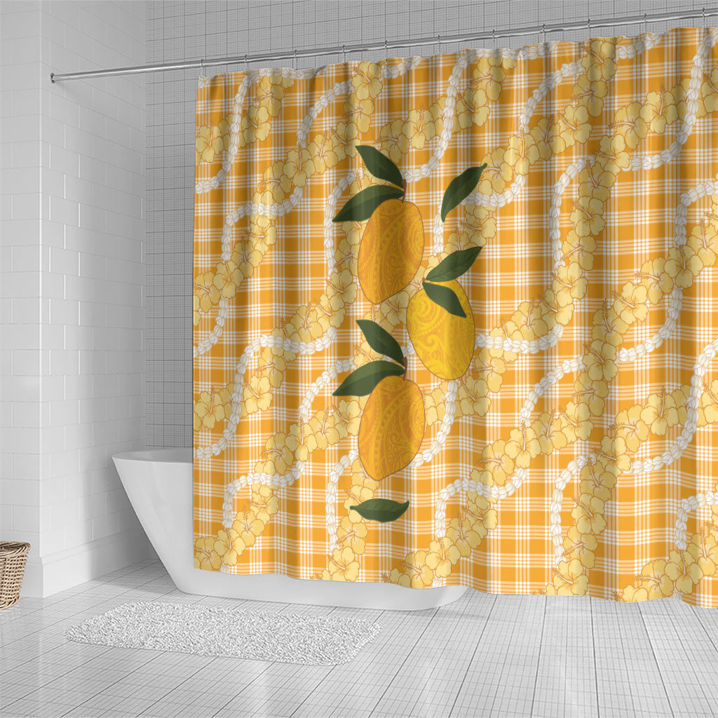 Alani Hawaiian Mango Palaka Shower Curtain Aloha Hibiscus Pikake Lei