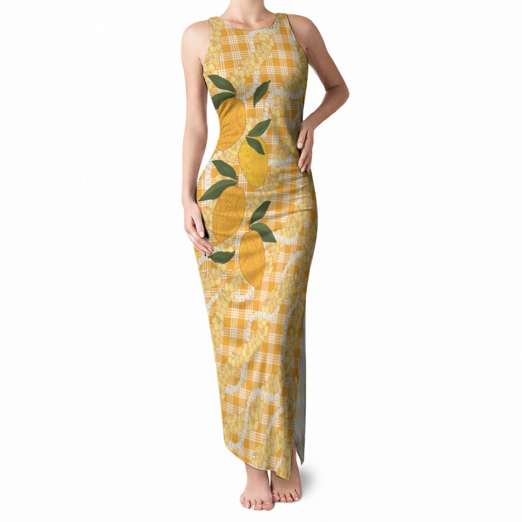 Alani Hawaiian Mango Palaka Tank Maxi Dress Aloha Hibiscus Pikake Lei