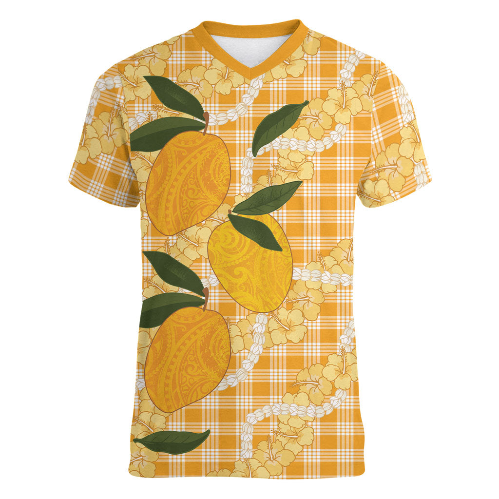 Alani Hawaiian Mango Palaka Women V-Neck T-Shirt Aloha Hibiscus Pikake Lei