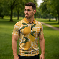 Alani Hawaiian Mango Palaka Zipper Polo Shirt Aloha Hibiscus Pikake Lei