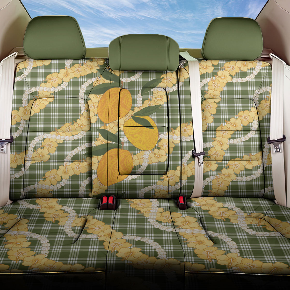 Uliuli Ahiahia Hawaiian Mango Palaka Back Car Seat Cover Aloha Hibiscus Pikake Lei