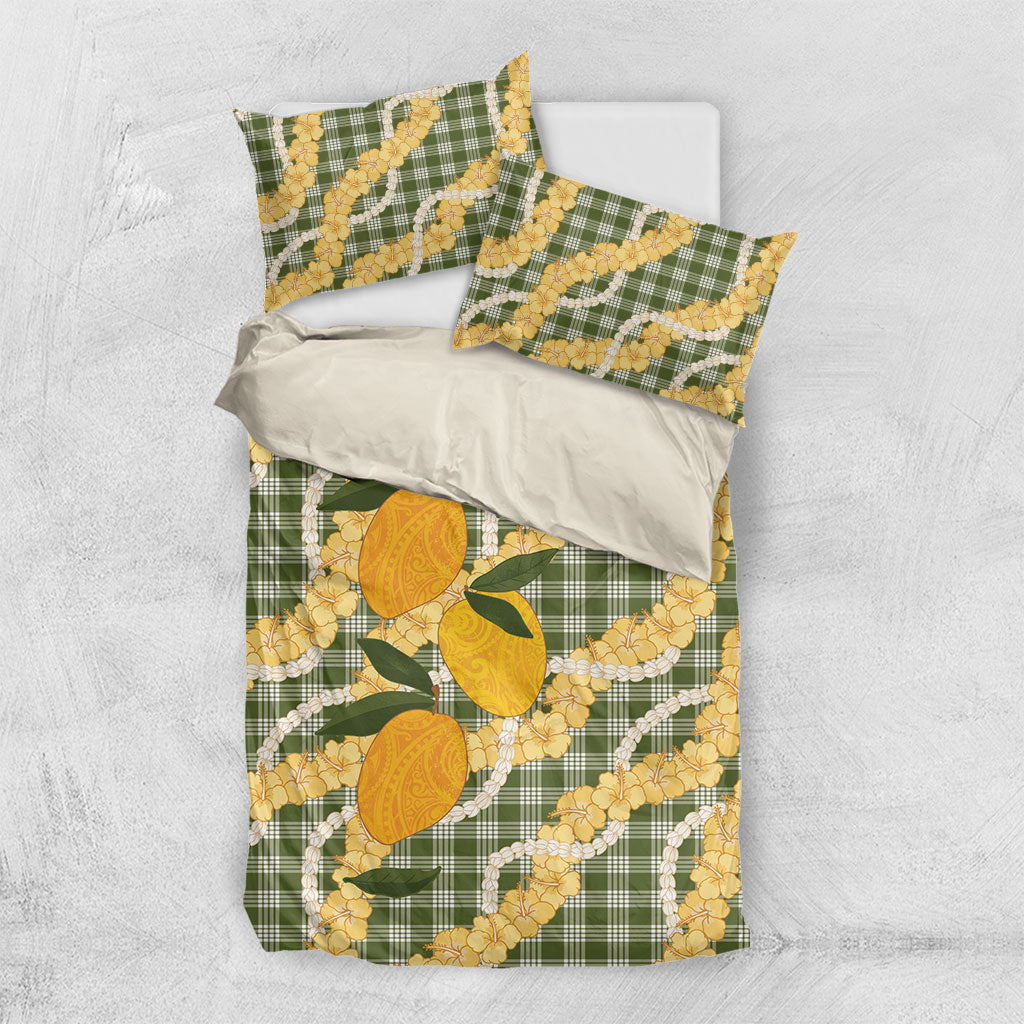 Uliuli Ahiahia Hawaiian Mango Palaka Bedding Set Aloha Hibiscus Pikake Lei
