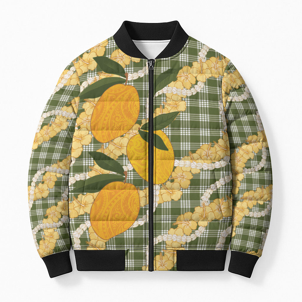 Uliuli Ahiahia Hawaiian Mango Palaka Bomber Puffer Jacket Aloha Hibiscus Pikake Lei
