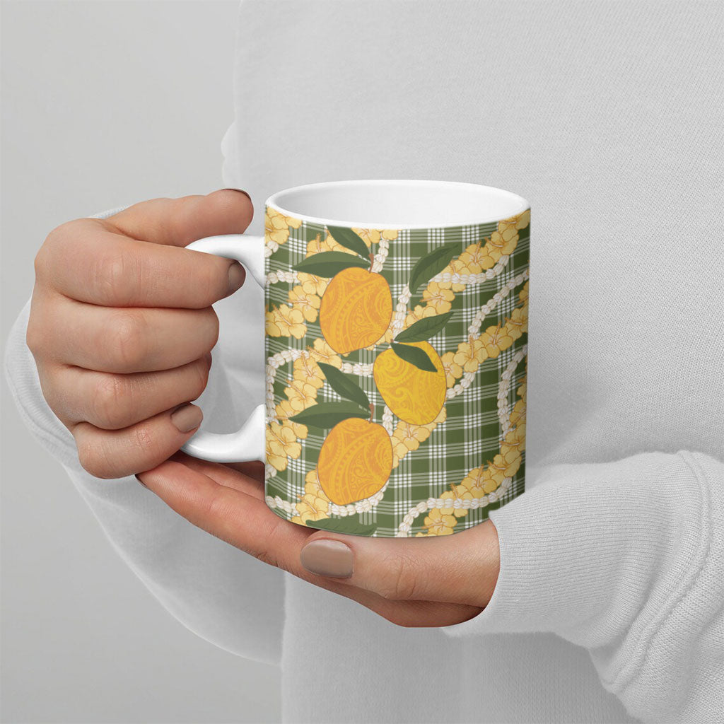 Uliuli Ahiahia Hawaiian Mango Palaka Ceramic Mug Aloha Hibiscus Pikake Lei