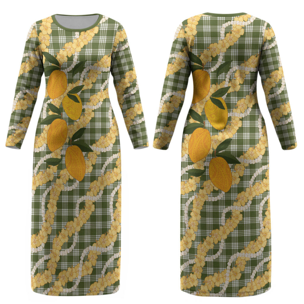 Uliuli Ahiahia Hawaiian Mango Palaka Couples Matching Long Sleeve Bodycon Dress and Hawaiian Shirt Aloha Hibiscus Pikake Lei