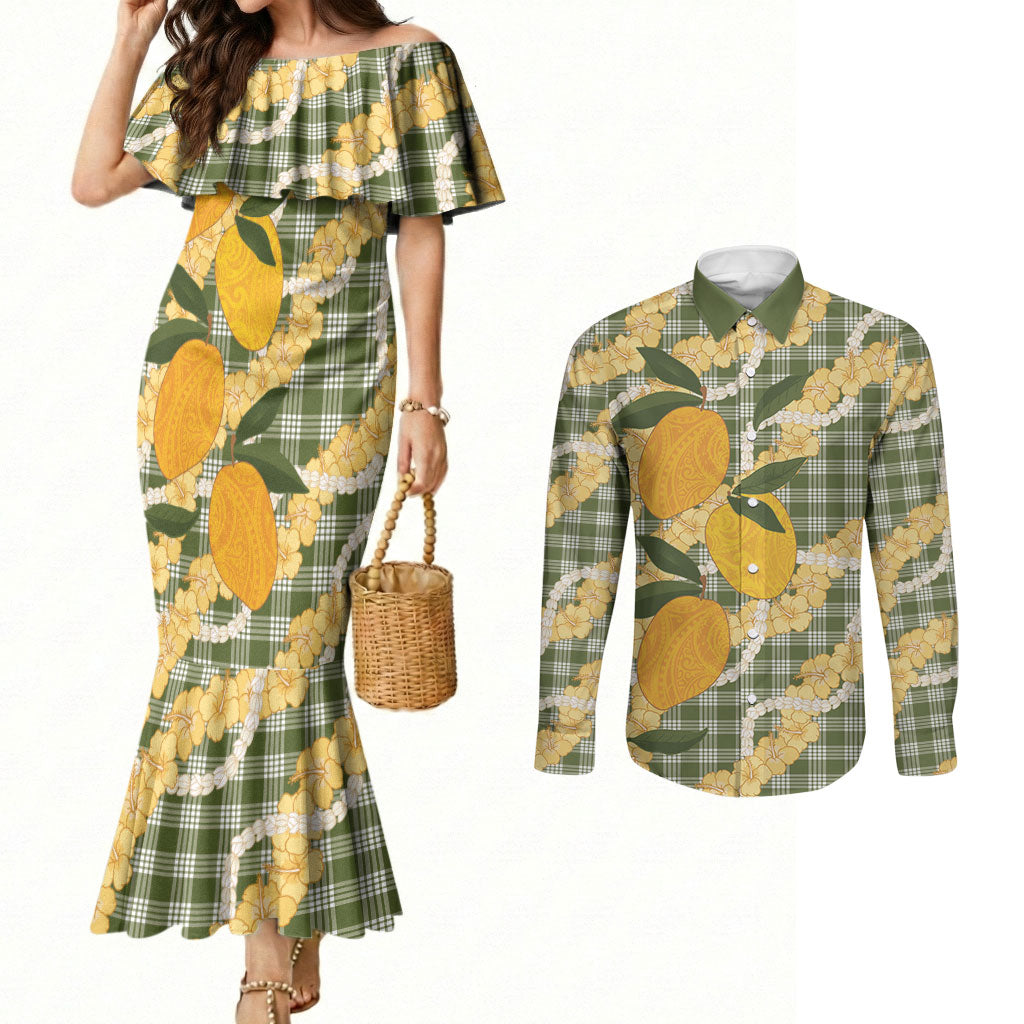 Uliuli Ahiahia Hawaiian Mango Palaka Couples Matching Mermaid Dress and Long Sleeve Button Shirt Aloha Hibiscus Pikake Lei