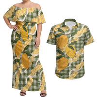 Uliuli Ahiahia Hawaiian Mango Palaka Couples Matching Off Shoulder Maxi Dress and Hawaiian Shirt Aloha Hibiscus Pikake Lei