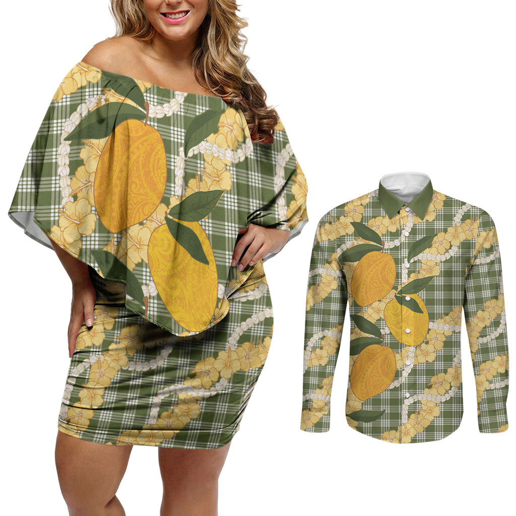 Uliuli Ahiahia Hawaiian Mango Palaka Couples Matching Off Shoulder Short Dress and Long Sleeve Button Shirt Aloha Hibiscus Pikake Lei
