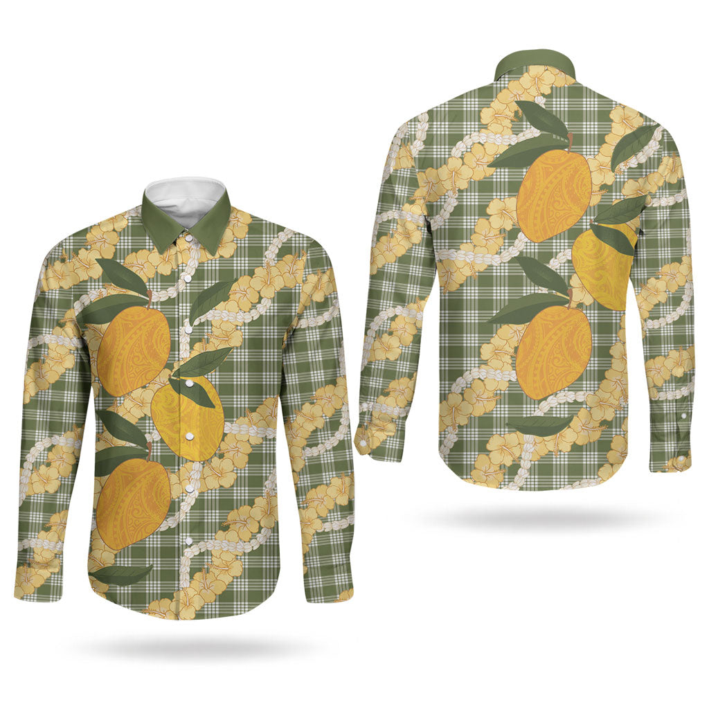 Uliuli Ahiahia Hawaiian Mango Palaka Couples Matching Off The Shoulder Long Sleeve Dress and Long Sleeve Button Shirt Aloha Hibiscus Pikake Lei