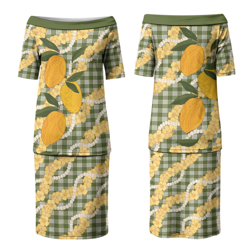 Uliuli Ahiahia Hawaiian Mango Palaka Couples Matching Puletasi and Long Sleeve Button Shirt Aloha Hibiscus Pikake Lei