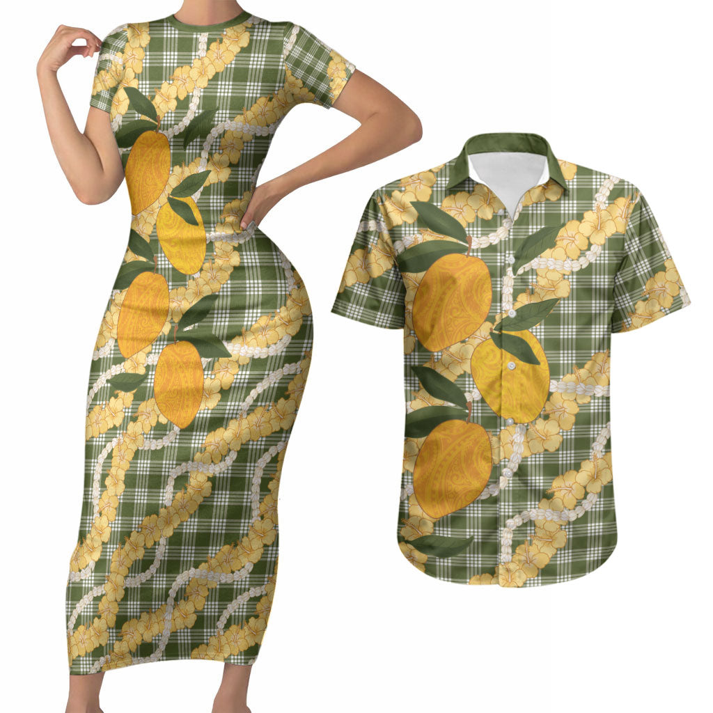 Uliuli Ahiahia Hawaiian Mango Palaka Couples Matching Short Sleeve Bodycon Dress and Hawaiian Shirt Aloha Hibiscus Pikake Lei