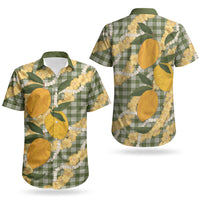 Uliuli Ahiahia Hawaiian Mango Palaka Couples Matching Short Sleeve Bodycon Dress and Hawaiian Shirt Aloha Hibiscus Pikake Lei