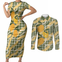 Uliuli Ahiahia Hawaiian Mango Palaka Couples Matching Short Sleeve Bodycon Dress and Long Sleeve Button Shirt Aloha Hibiscus Pikake Lei