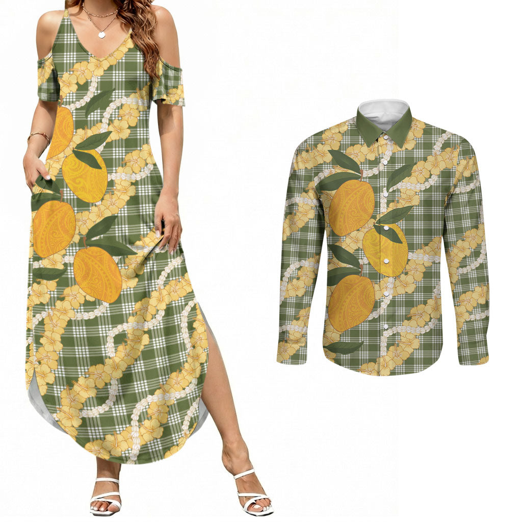 Uliuli Ahiahia Hawaiian Mango Palaka Couples Matching Summer Maxi Dress and Long Sleeve Button Shirt Aloha Hibiscus Pikake Lei