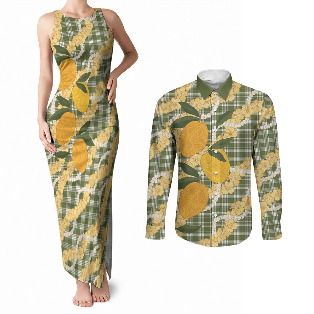 Uliuli Ahiahia Hawaiian Mango Palaka Couples Matching Tank Maxi Dress and Long Sleeve Button Shirt Aloha Hibiscus Pikake Lei