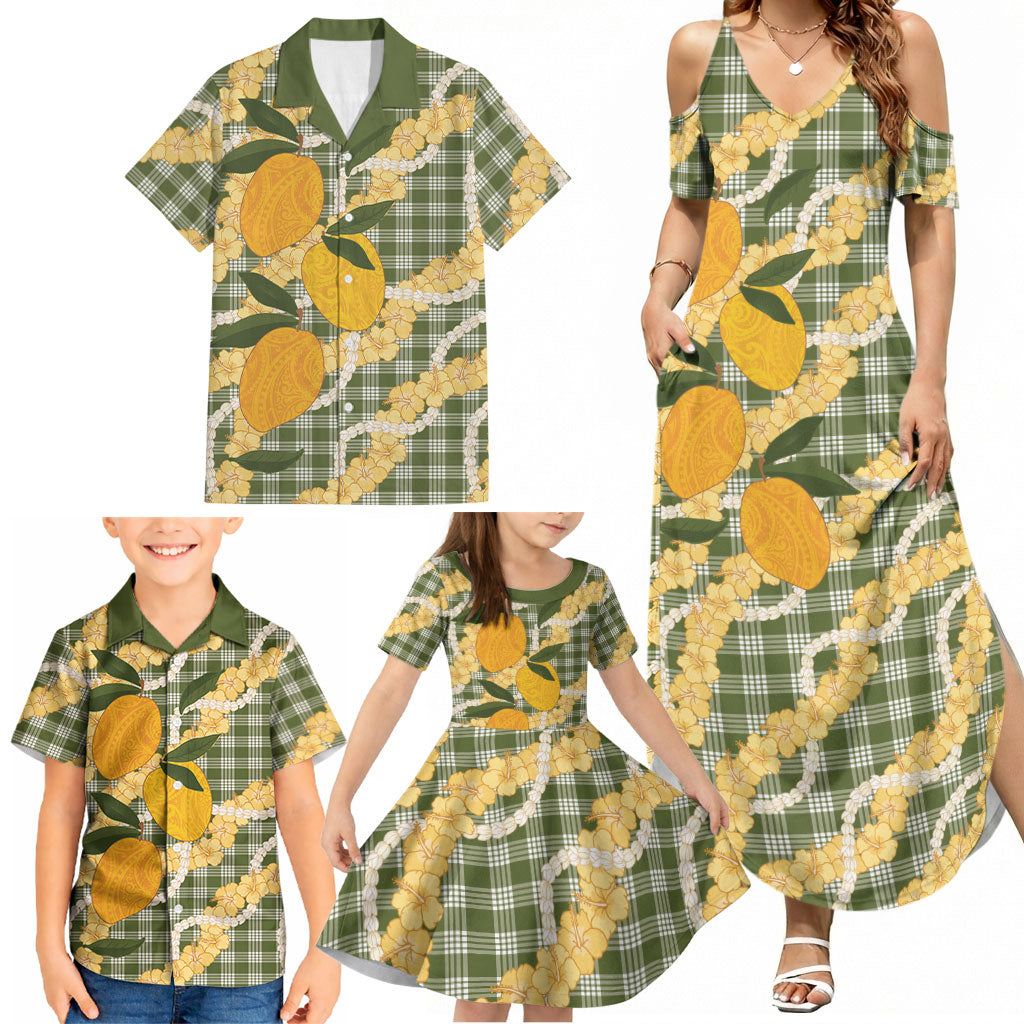 Uliuli Ahiahia Hawaiian Mango Palaka Family Matching Summer Maxi Dress and Hawaiian Shirt Aloha Hibiscus Pikake Lei