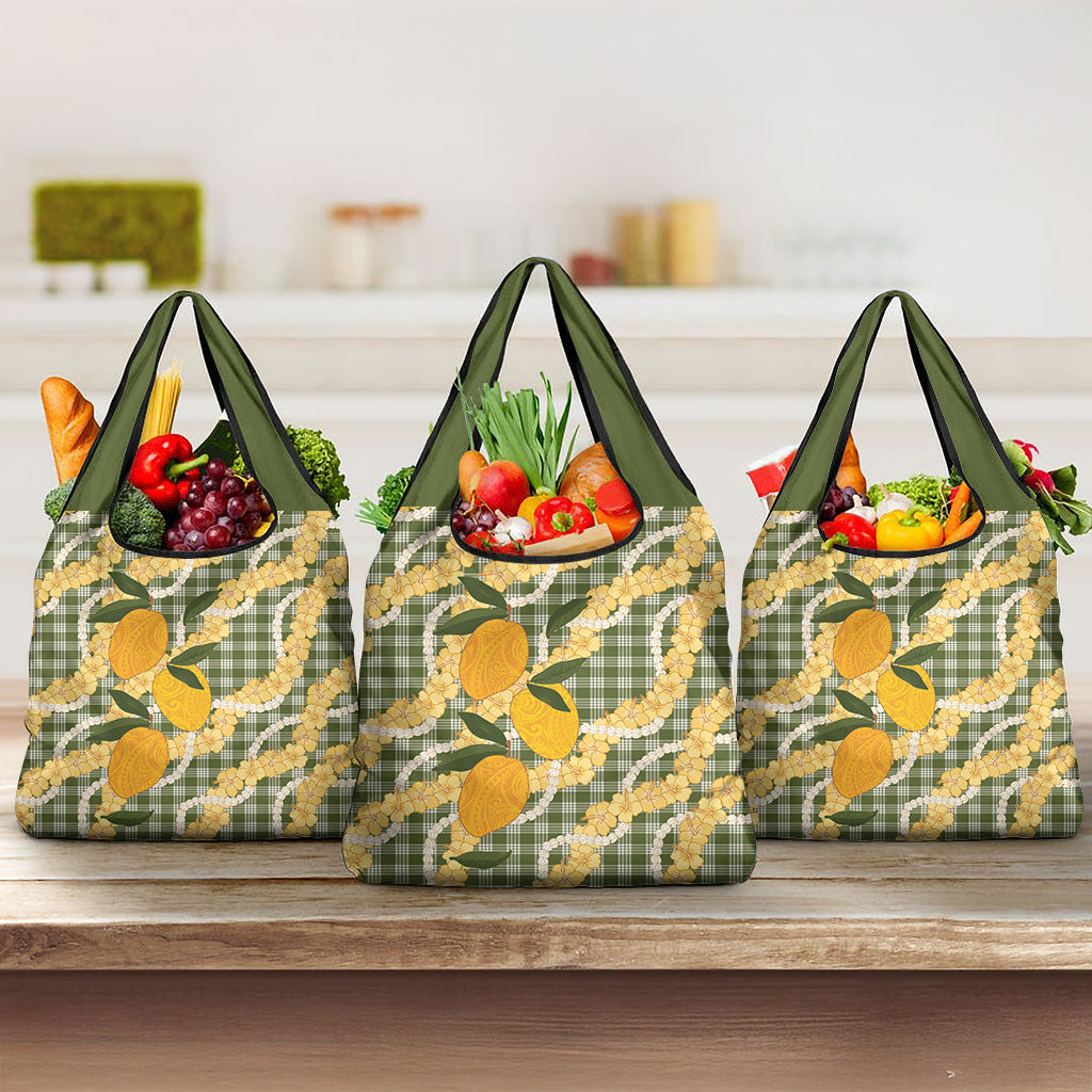 Uliuli Ahiahia Hawaiian Mango Palaka Grocery Bag Aloha Hibiscus Pikake Lei