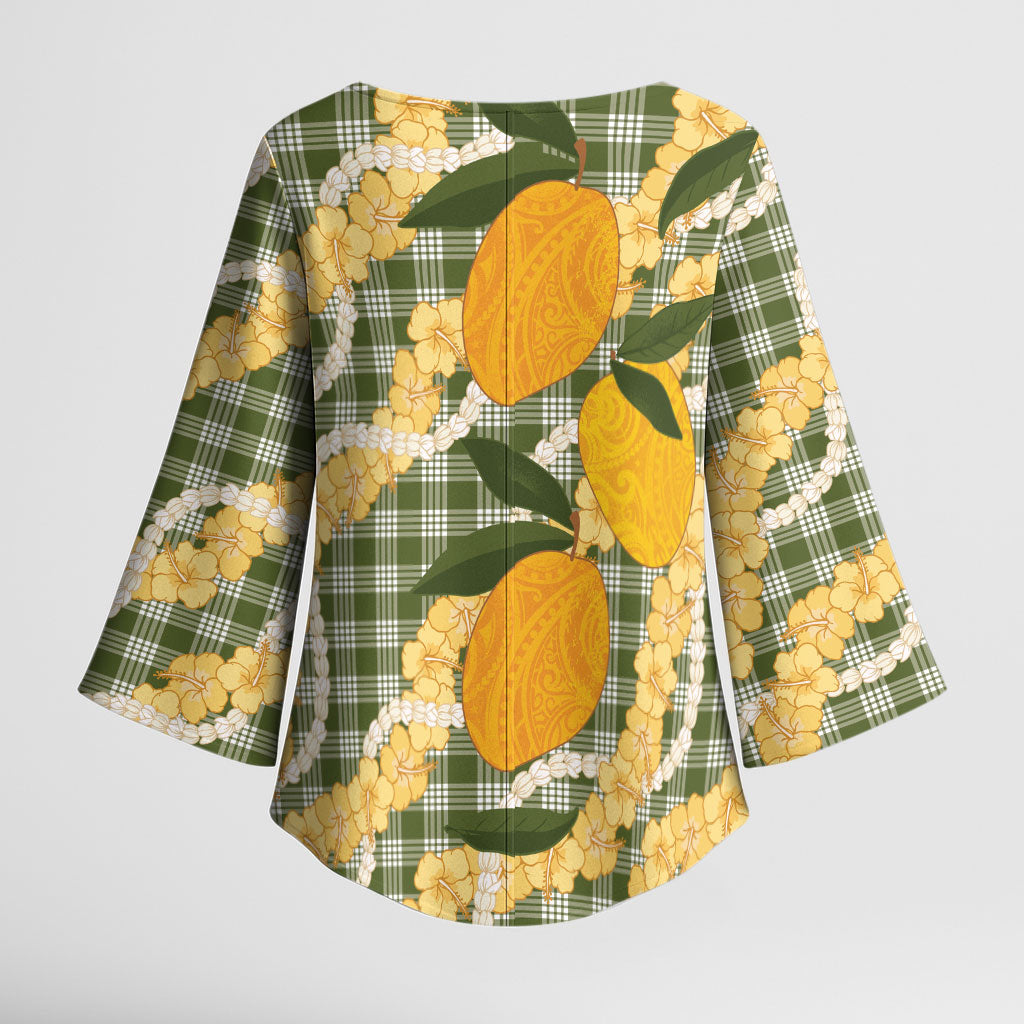Uliuli Ahiahia Hawaiian Mango Palaka Kimono Sleeve Blouse Aloha Hibiscus Pikake Lei