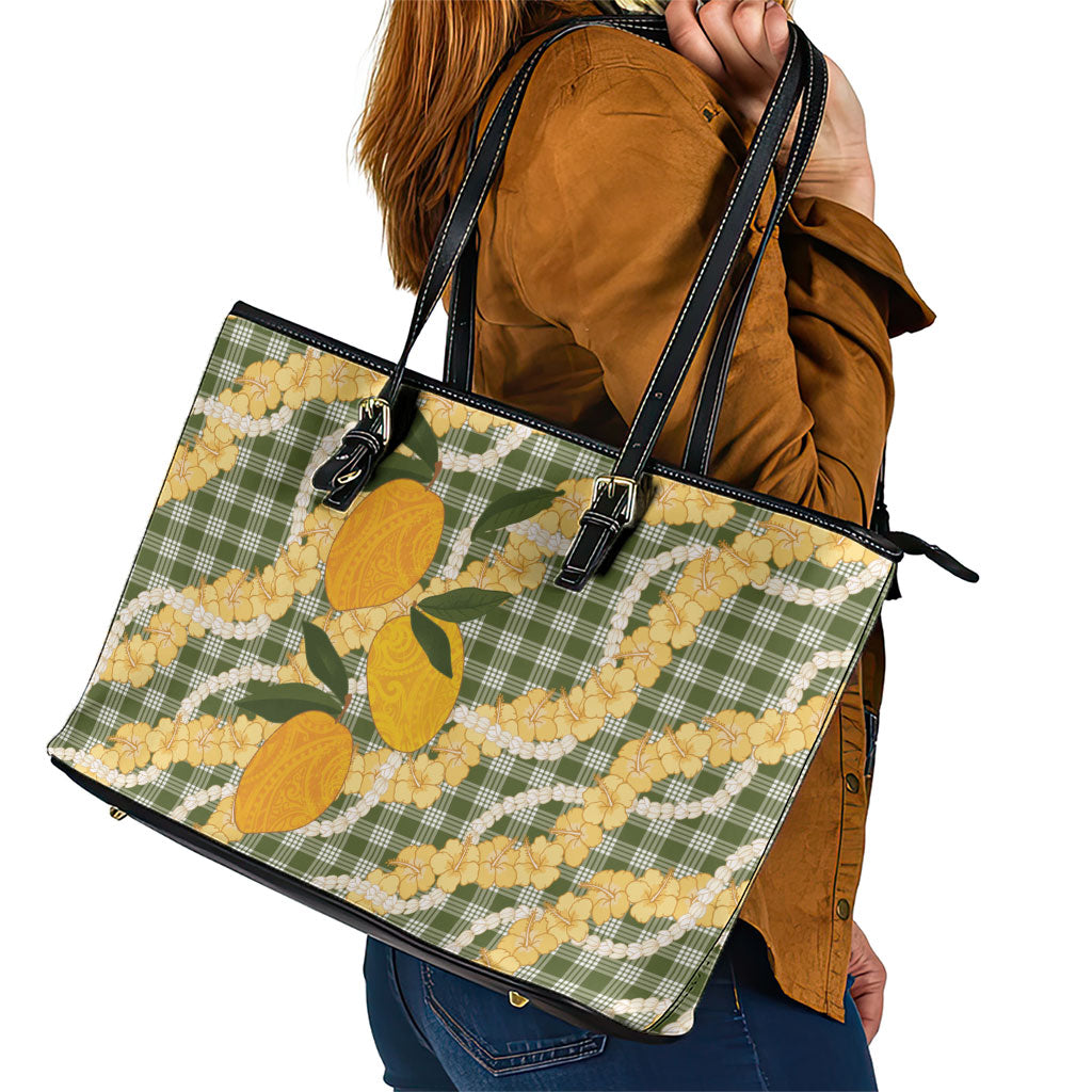 Uliuli Ahiahia Hawaiian Mango Palaka Leather Tote Bag Aloha Hibiscus Pikake Lei