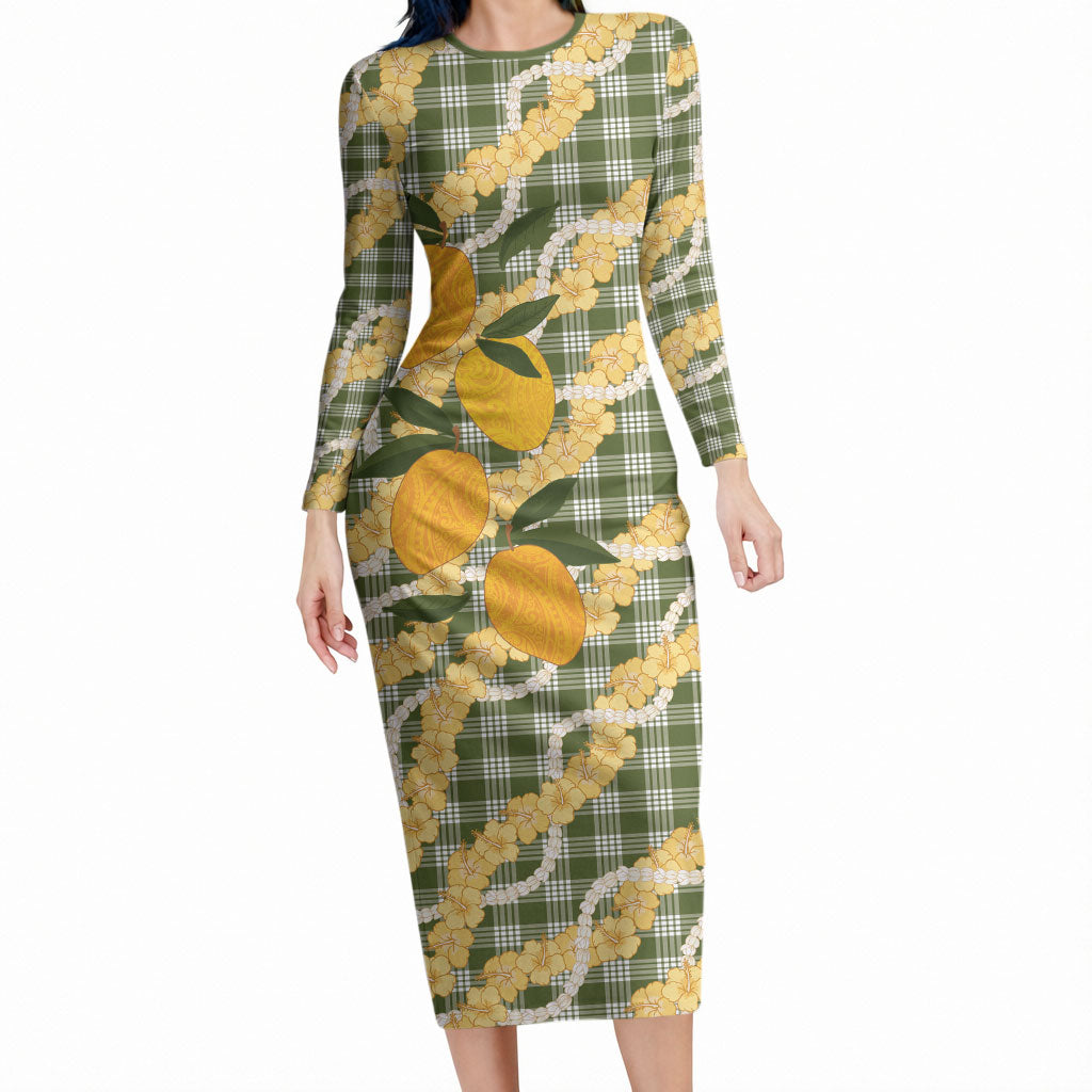 Uliuli Ahiahia Hawaiian Mango Palaka Long Sleeve Bodycon Dress Aloha Hibiscus Pikake Lei