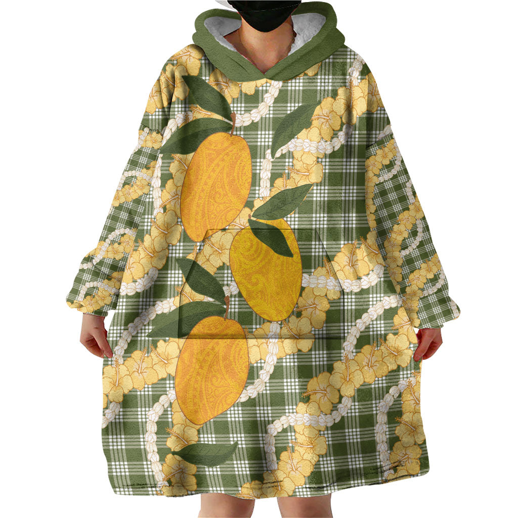 Uliuli Ahiahia Hawaiian Mango Palaka Wearable Blanket Hoodie Aloha Hibiscus Pikake Lei