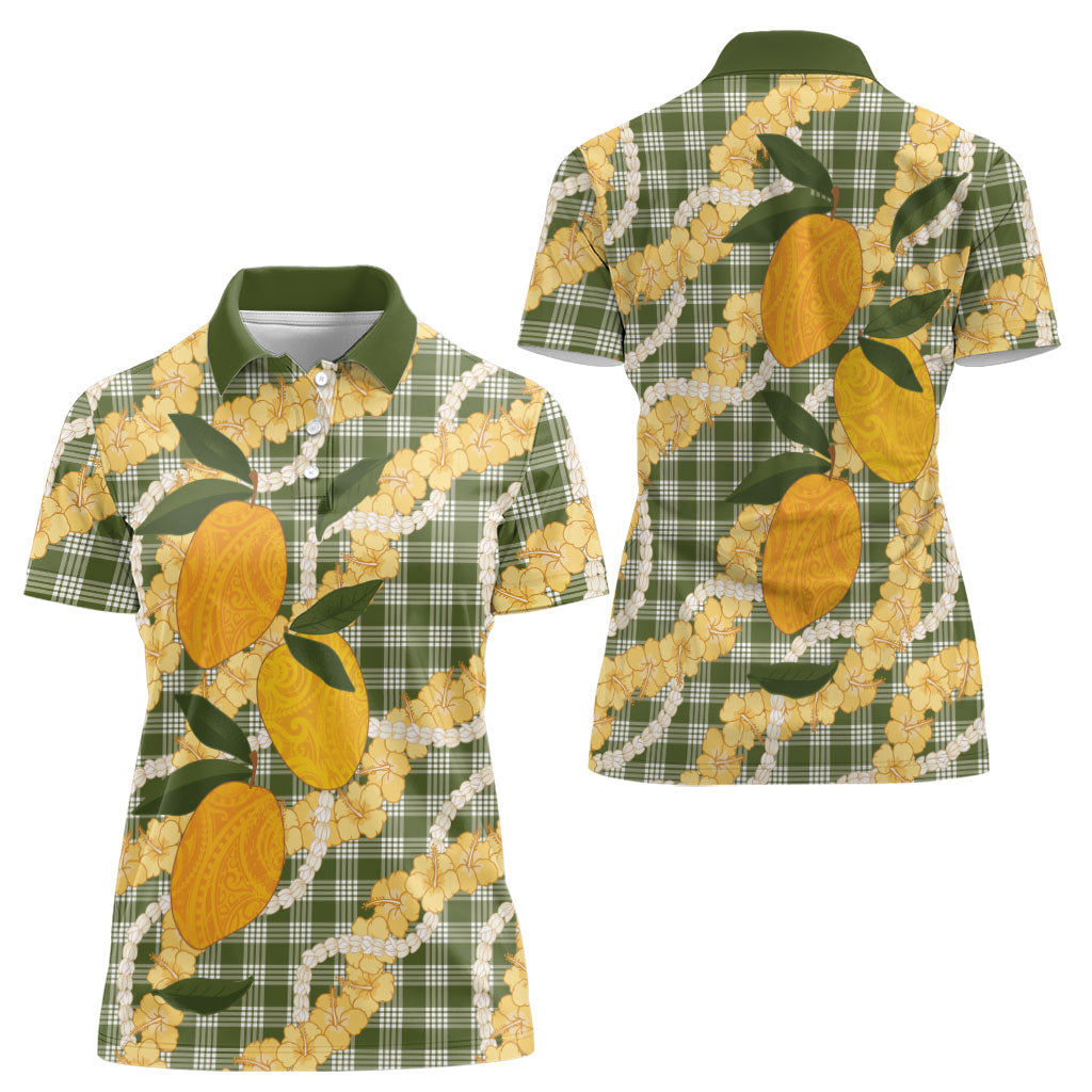 Uliuli Ahiahia Hawaiian Mango Palaka Women Polo Shirt Aloha Hibiscus Pikake Lei