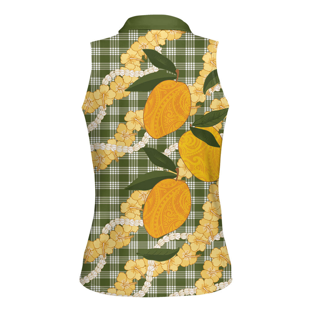 Uliuli Ahiahia Hawaiian Mango Palaka Women Sleeveless Polo Shirt Aloha Hibiscus Pikake Lei