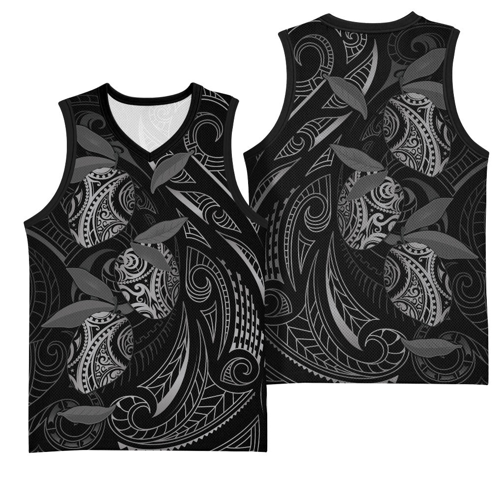 Hawaiian Mango Tribal Tattoo Basketball Jersey Black White Pacific Traditional Pattern