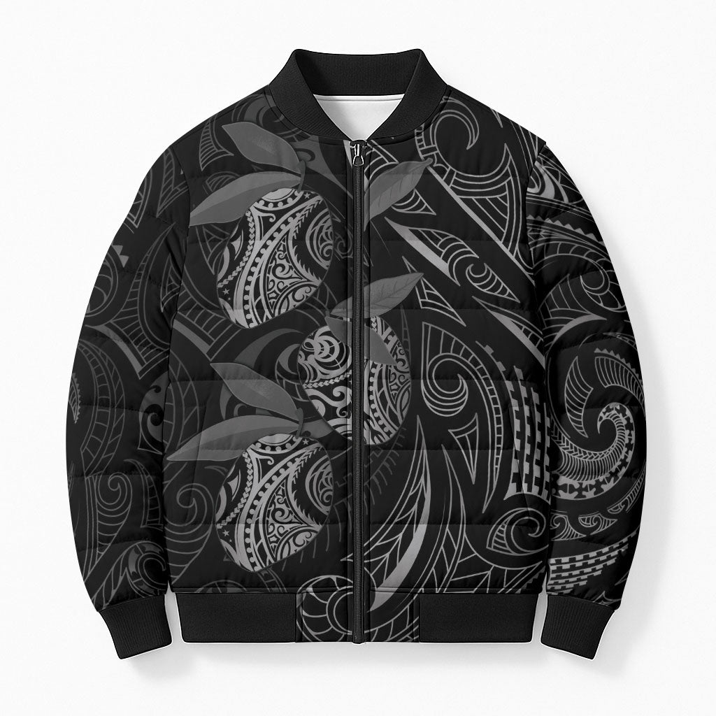 Hawaiian Mango Tribal Tattoo Bomber Puffer Jacket Black White Pacific Traditional Pattern