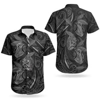 Hawaiian Mango Tribal Tattoo Couples Matching Long Sleeve Bodycon Dress and Hawaiian Shirt Black White Pacific Traditional Pattern