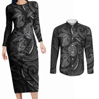 Hawaiian Mango Tribal Tattoo Couples Matching Long Sleeve Bodycon Dress and Long Sleeve Button Shirt Black White Pacific Traditional Pattern