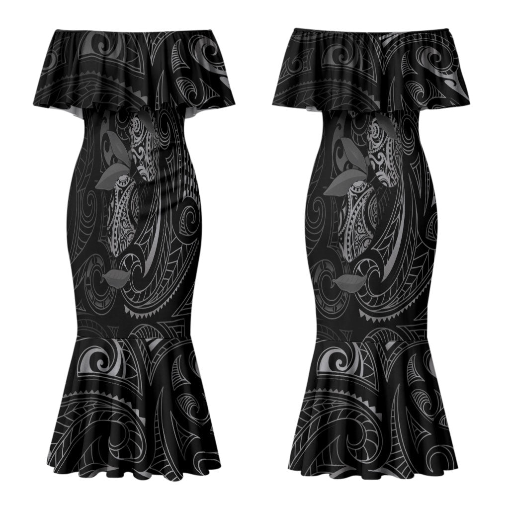Hawaiian Mango Tribal Tattoo Couples Matching Mermaid Dress and Hawaiian Shirt Black White Pacific Traditional Pattern