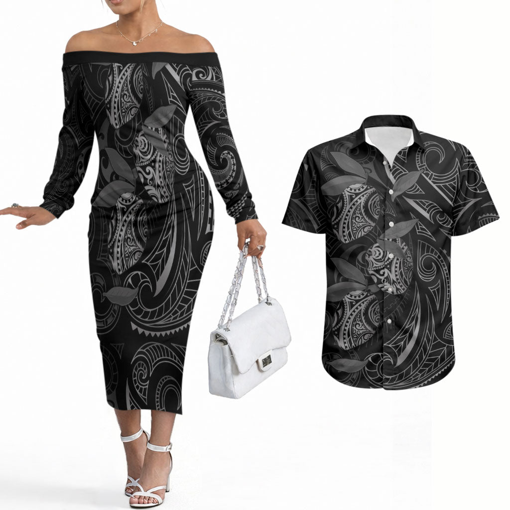 Hawaiian Mango Tribal Tattoo Couples Matching Off The Shoulder Long Sleeve Dress and Hawaiian Shirt Black White Pacific Traditional Pattern