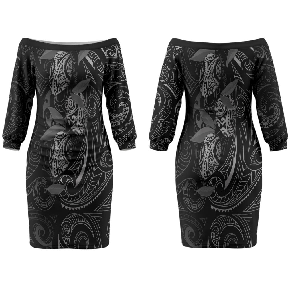 Hawaiian Mango Tribal Tattoo Couples Matching Off The Shoulder Long Sleeve Dress and Hawaiian Shirt Black White Pacific Traditional Pattern